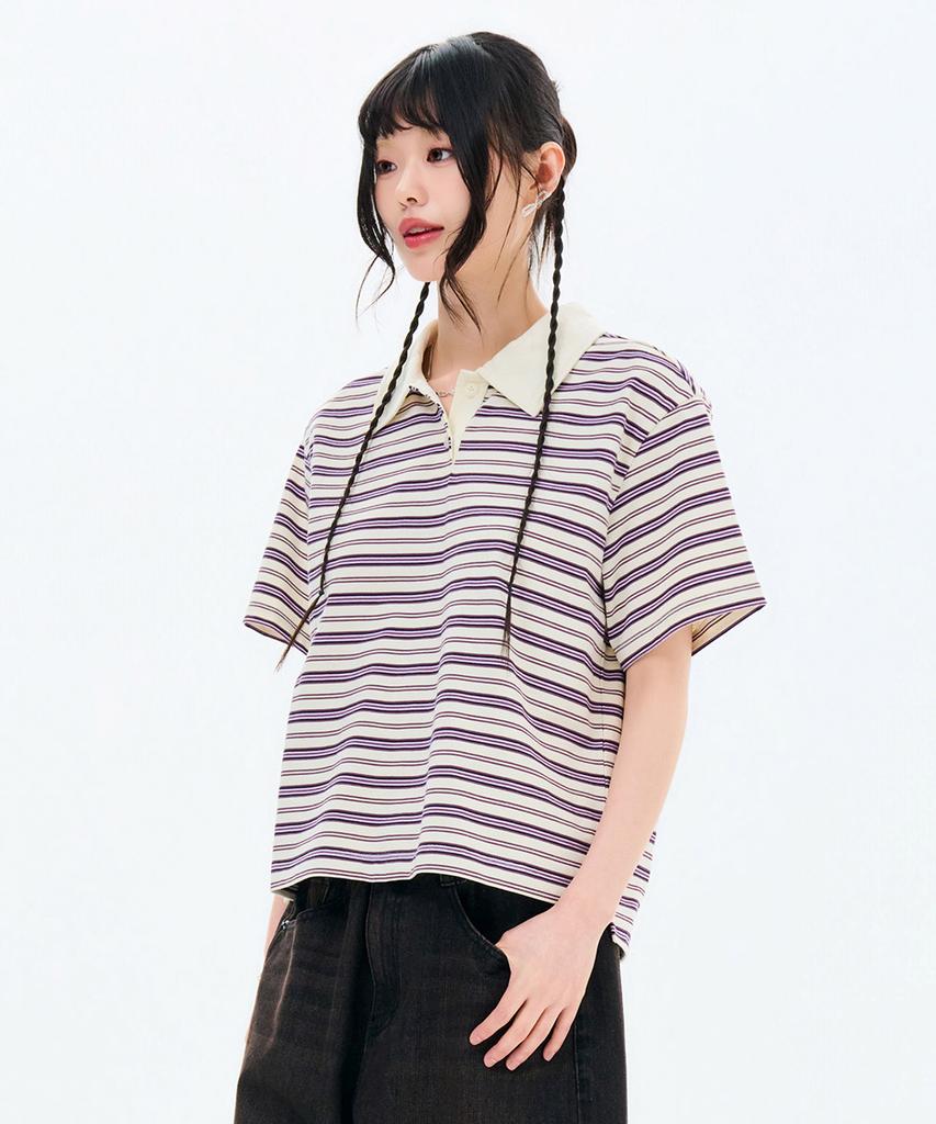 CHASECULT Women'S Striped Collared Short Sleeve T-Shirt-Fbrg5791D0A