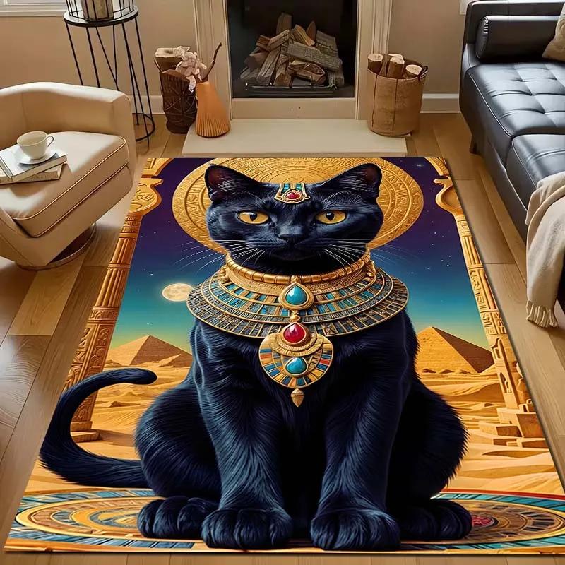 Ägyptische Mythologie Schwarze Katze Teppich für Wohnzimmer Heimdeko Rutschfeste Bodenmatte für Schlafzimmer Große Flächenteppiche Waschbare Teppiche