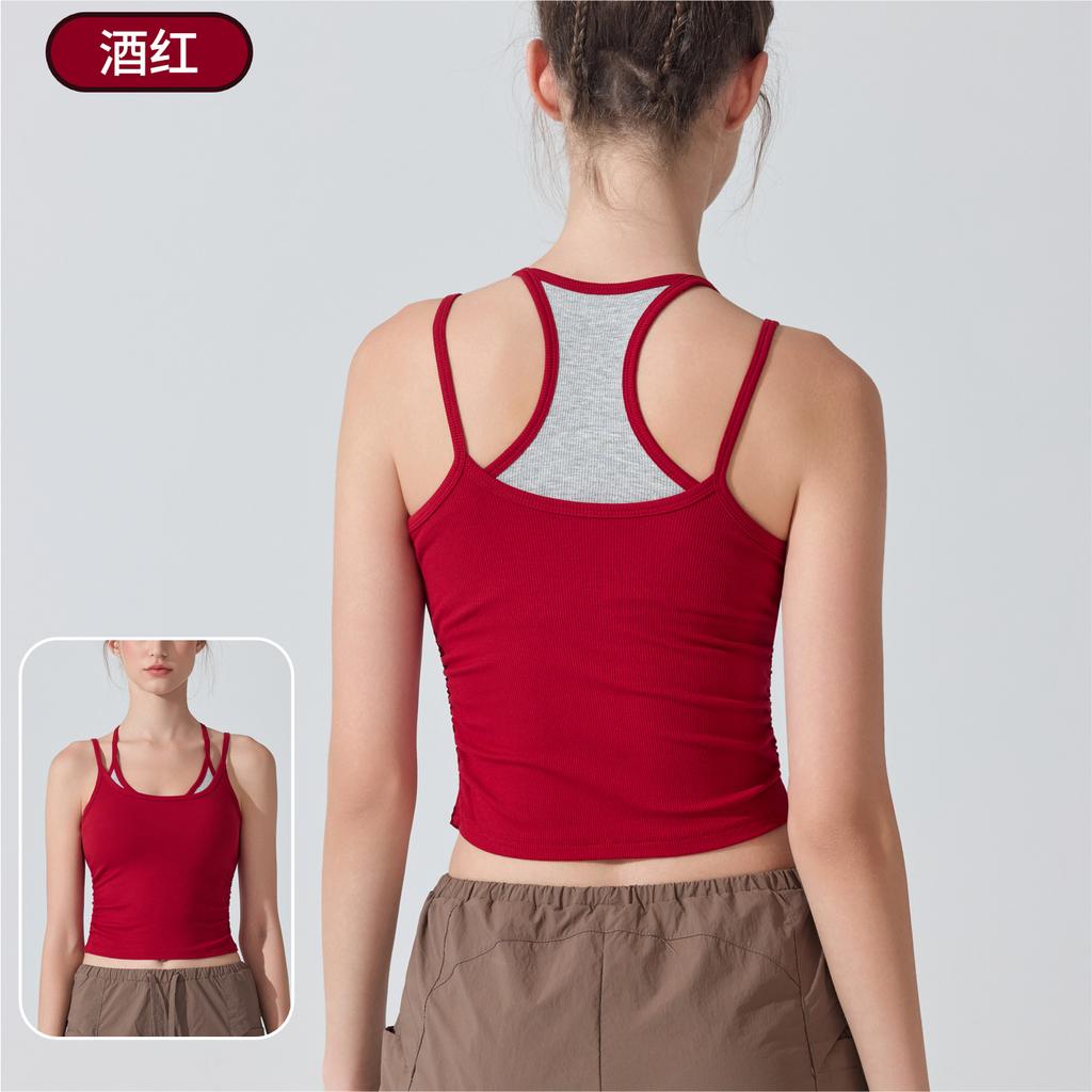 Fake two-piece suspender with chest pad, rib with cup, I-shaped outer wear, sports underwear, fitness nude yoga vest