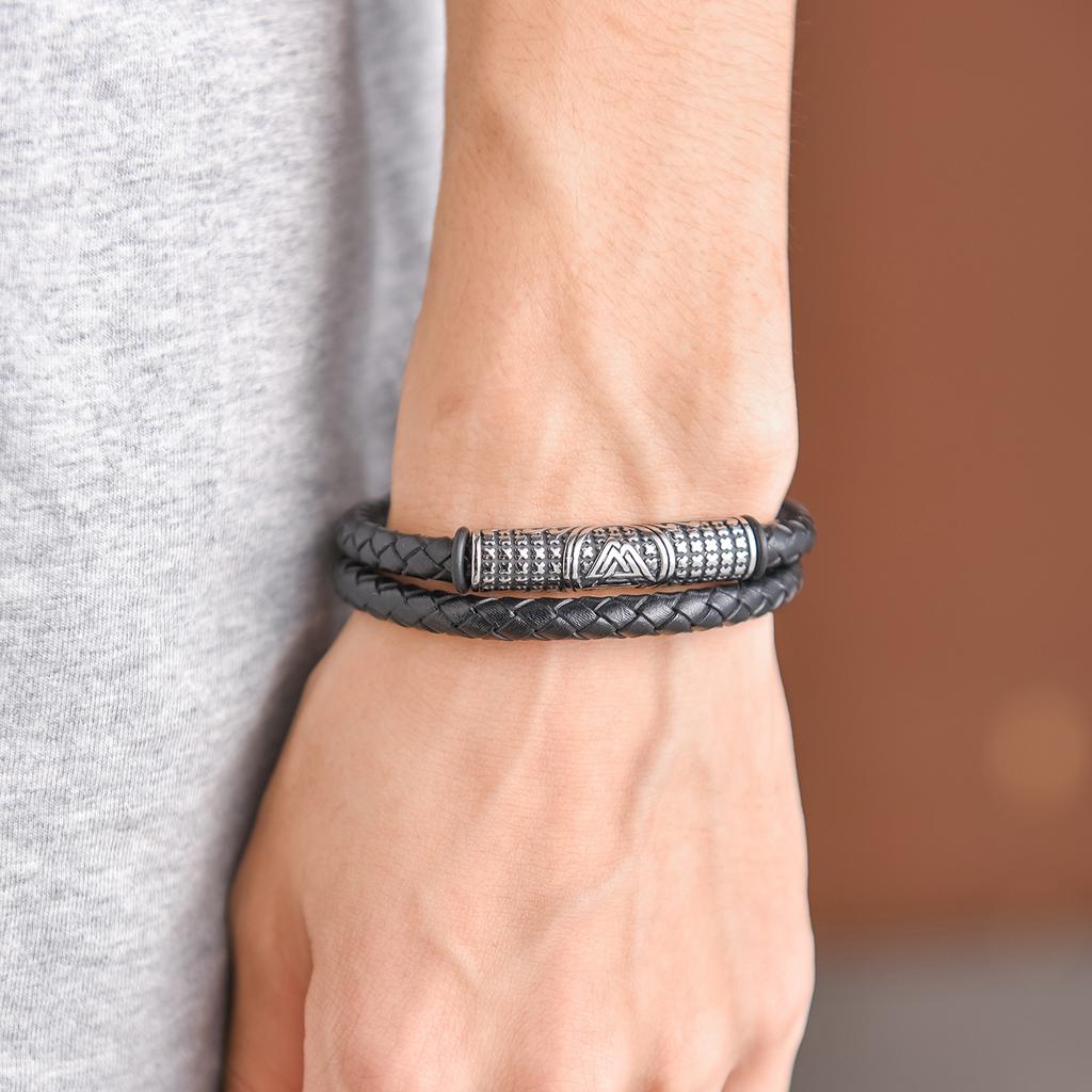 Source Nordic Viking Men's Titanium Steel Bracelet, Double Layer Braided Cowhide Rope Bracelet Spot