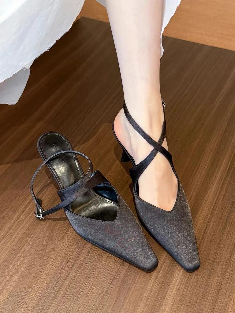 Women's Sandals Pointed Toe Thin Heels One-line Buckle Women Shoes Banquet Dress Cover Toe French Elegant New Sandalias De Mujer