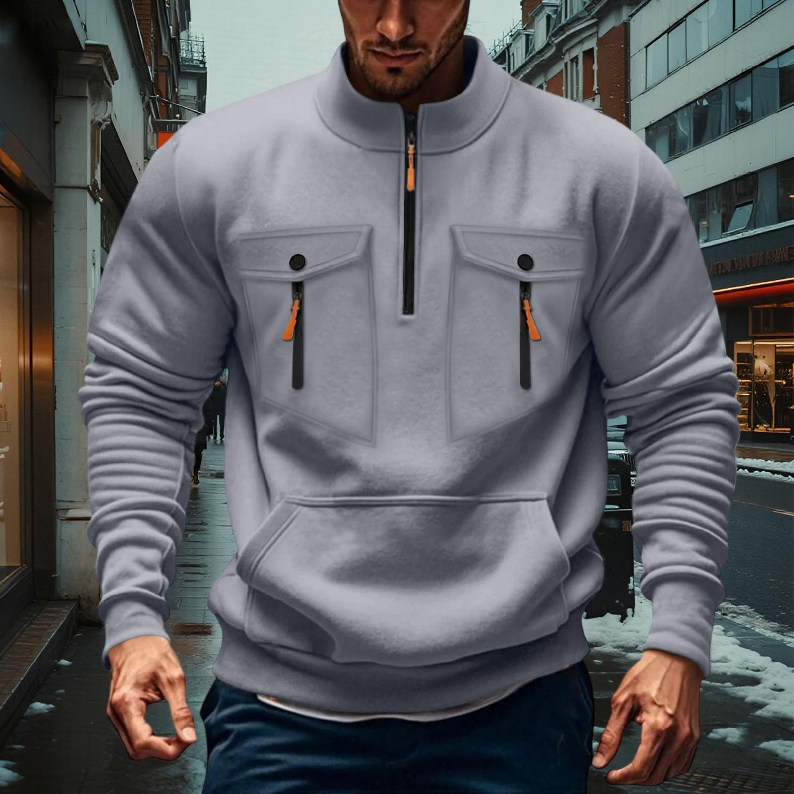 

Men s Casual Quarter-Zip Cargo Stand Collar Hoodie - Military Athletic Zip Multi-Pocket Top XXL