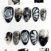 24PCS Y2k Gothic Black Almond Stick on False Nails Silver Cat Eye Metallic Star Rhinestone with Polka Dots Wearable Fake Nails