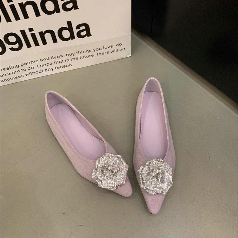 Fashion Flat Shoes for Women's New 2025 Spring and Autumn Retro Flower Pointed Toe Fashion Rhinestone Casual Women's Scoop Shoes Ladies