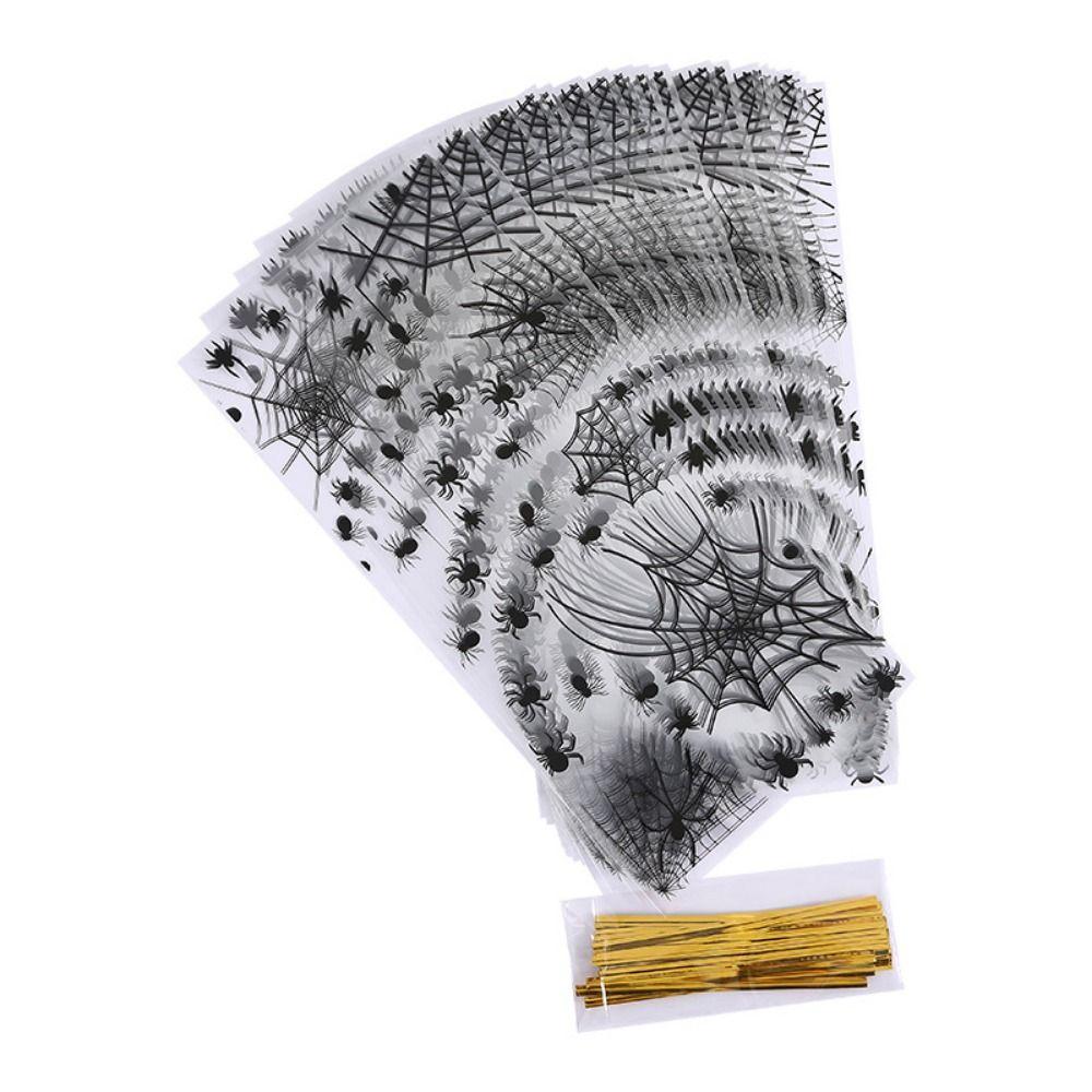 50pcs/pack Spider Printed Halloween Cellophane Treat Bag Trick or Treat Cookie Bags  Halloween Decor