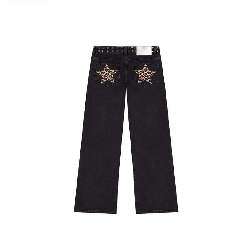 Vintage Star Print Denim Jeans Women Loose Straight Cut Streetwear Casual Pants