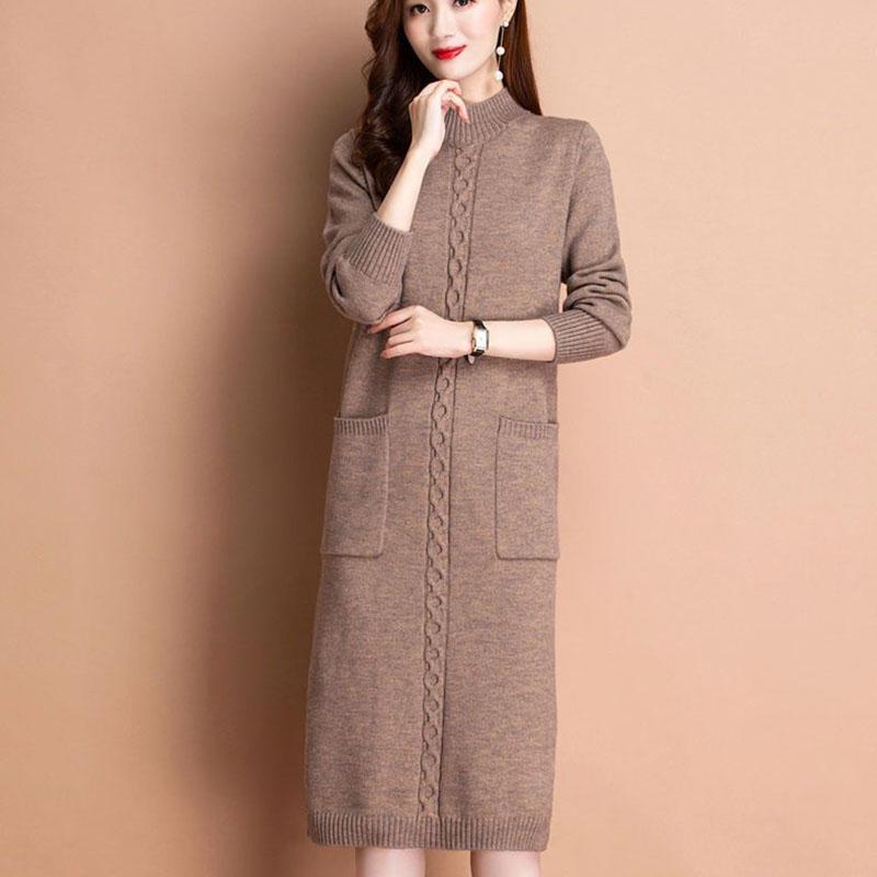 Autumn Winter Women's Half Turtleneck Knit Dress Slim Fit Solid Color Pullover Long Sweater Dress