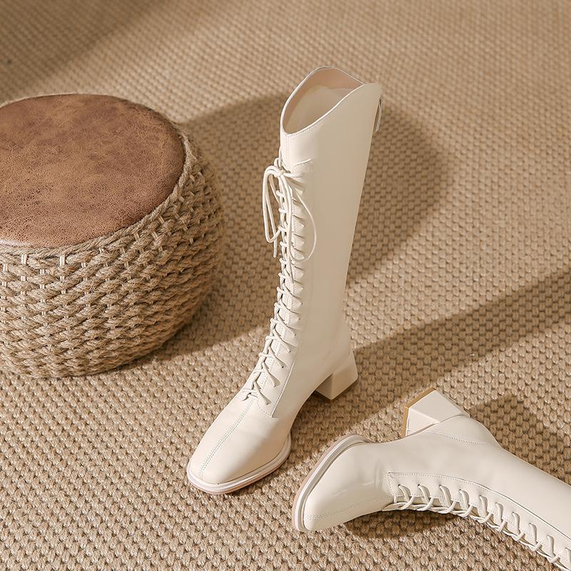 High-heeled Boots Women's Autumn and Winter New Square-headed Knight Boots Thick-heeled Boots Women's Lace-up High Boots Children