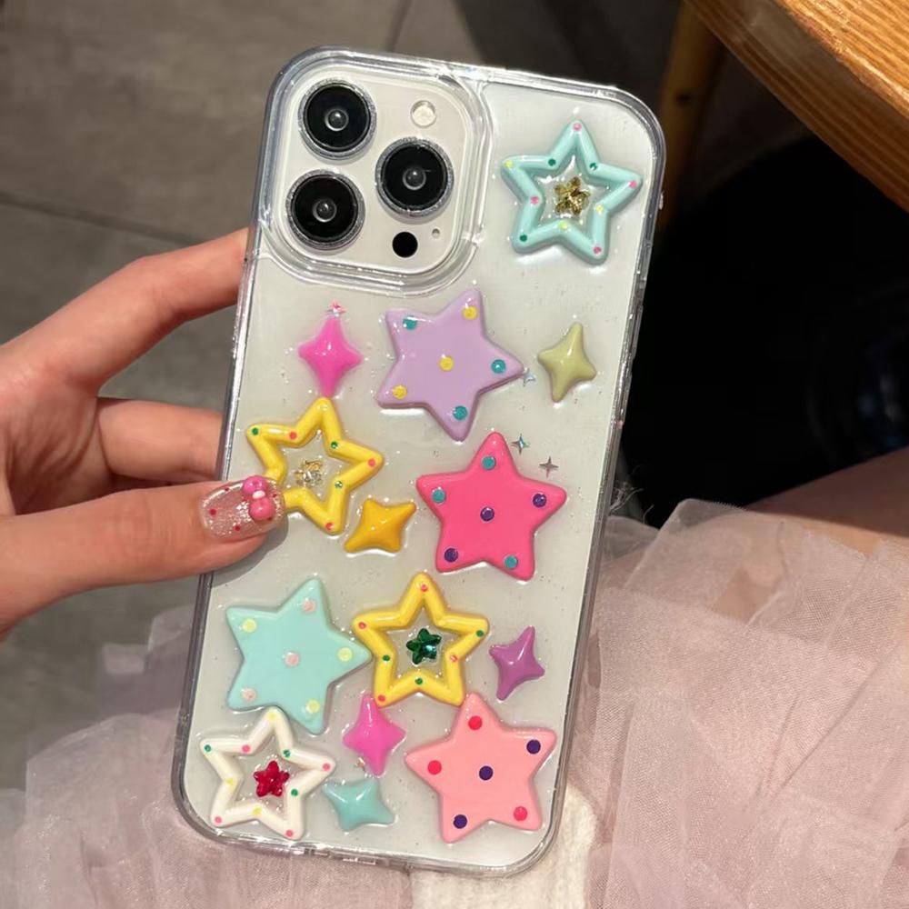 Cute 3D Colorful Stars Phone Case For iPhone 16 15 14 13 12 11 Pro Max Glitter Sequins Shockproof Soft Silicone Cover