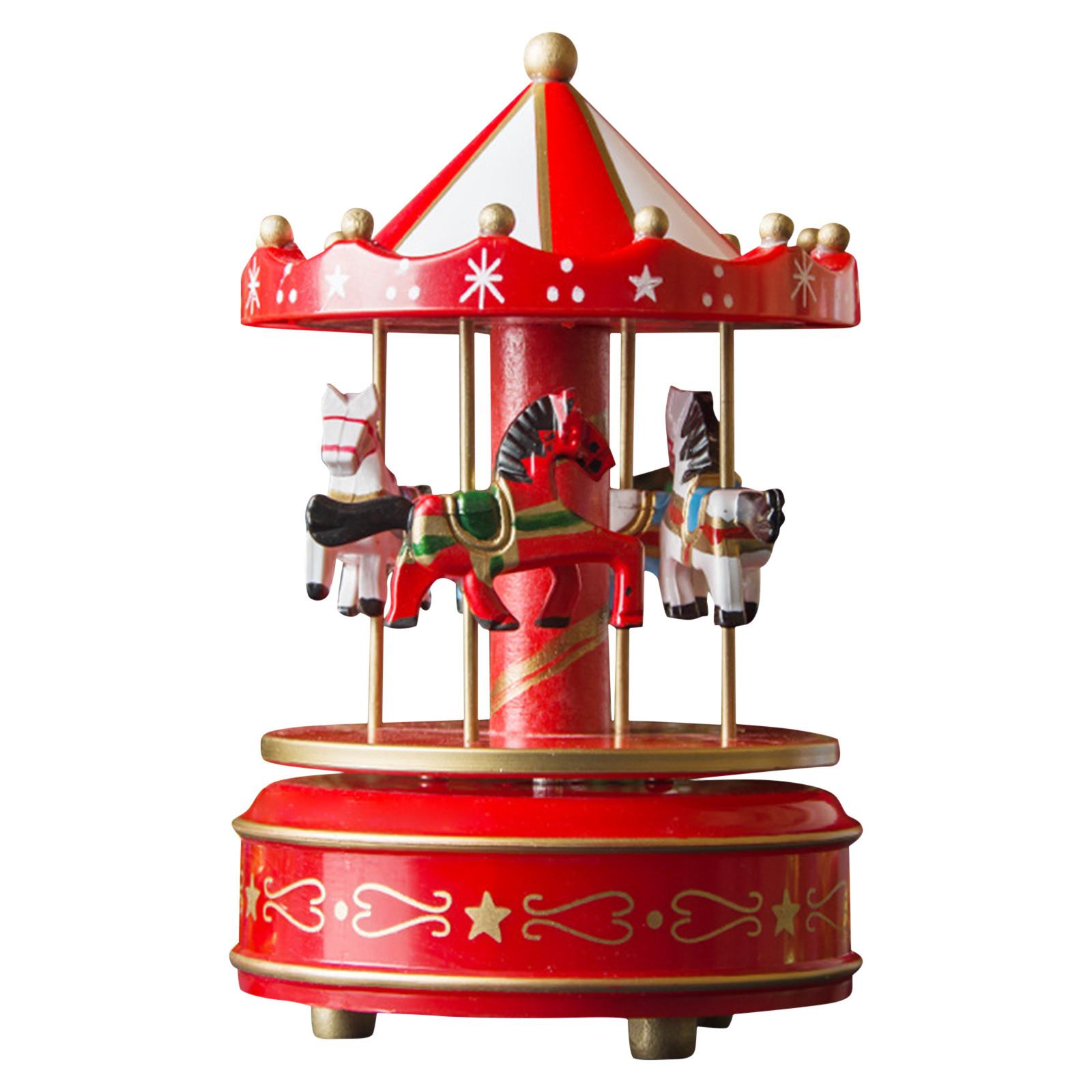Wooden Carousel Music Box Rotating Horse Figurine Decorative Ornament Handcrafted Mechanical Music Box with Spinning Carousel Design One Size красный