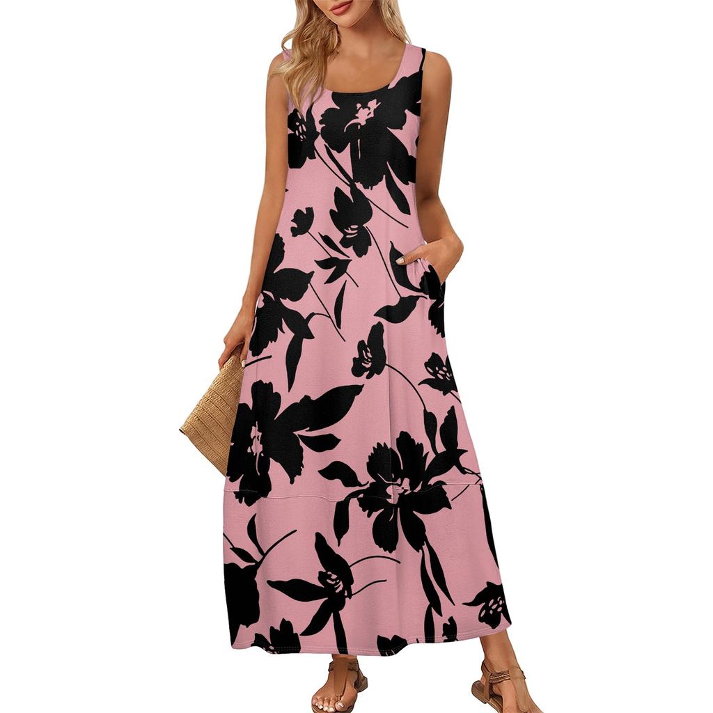 Women's Summer Fashion Round Neck Sleeveless Beach Dress Vintage Floral Printed Dresses