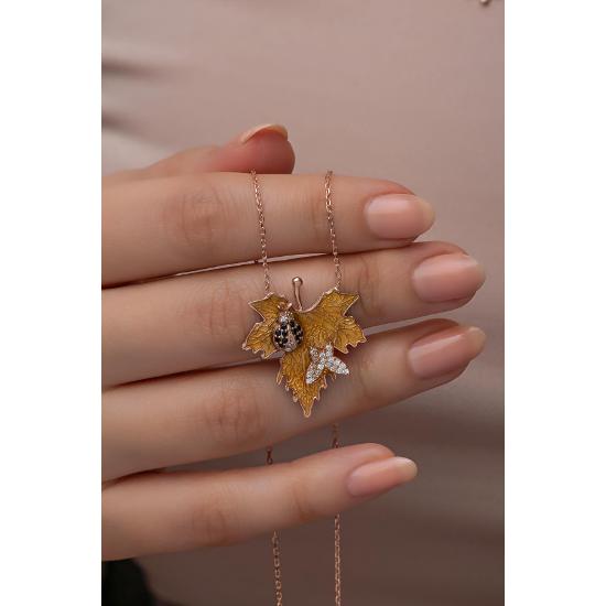 925 Sterling Silver Butterfly and Ladybug Design Sycamore Leaf Necklace