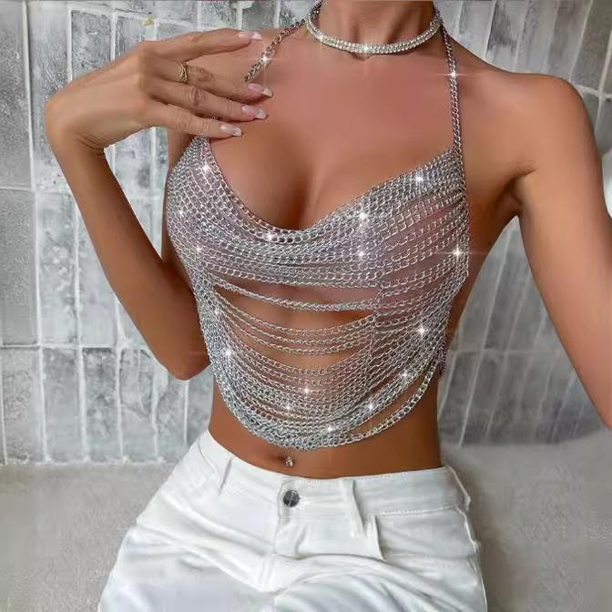 XH233927 Stylový kovový řetízkový halter top - Bez zádový noční klubový módní top
