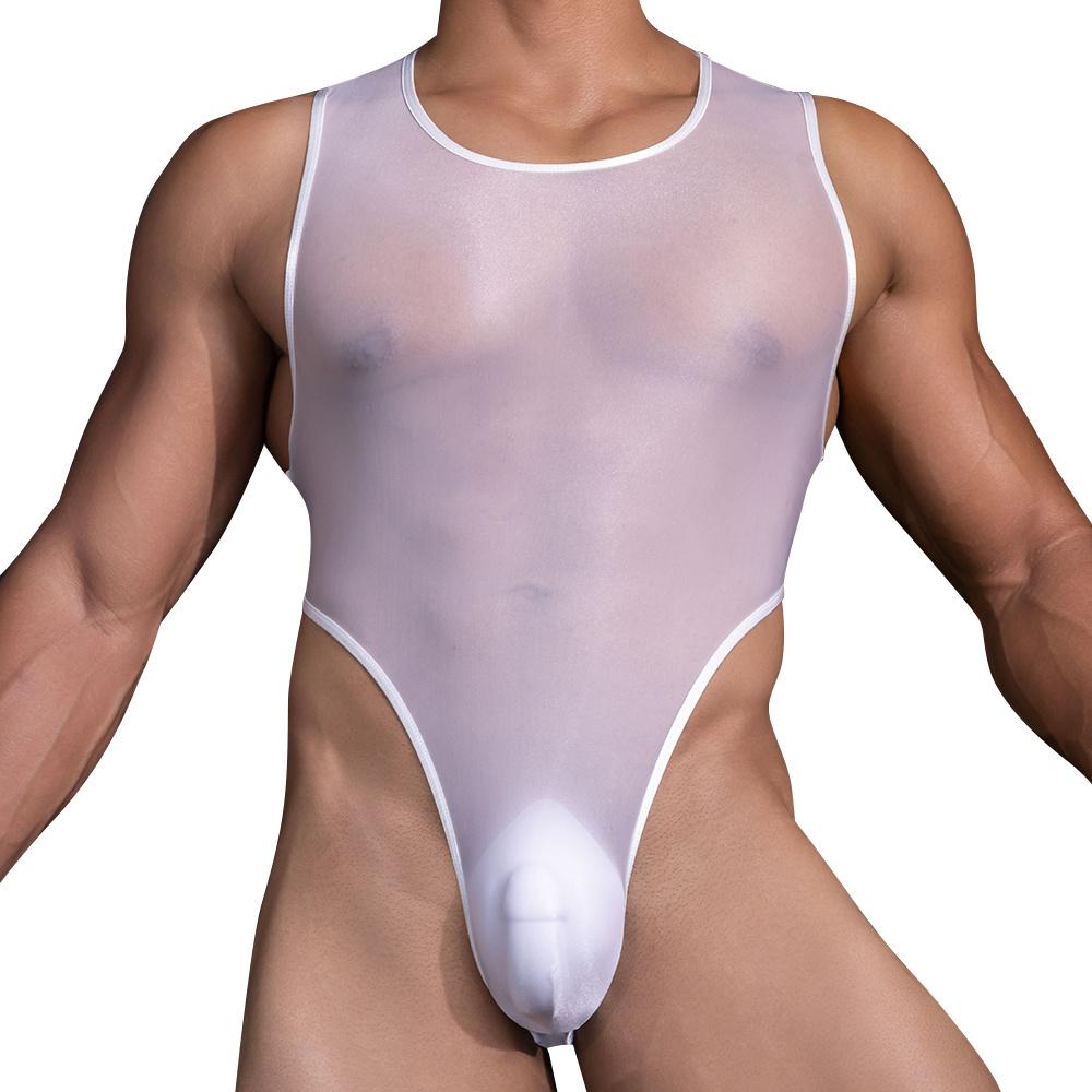 Sexy Men Thin High Cut Bodysuit Oil Glossy Shiny Vets Sheer See Through Thong Maid Tights Elastic Tank Top Home Leotard
