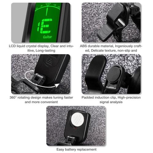 Portable and Compact Clip-on Guitar Tuner, Multifunctional Electronic Tuner with LCD Display, Mini Size for Acoustic Guitar, Ukulele, Violin, Bass, an