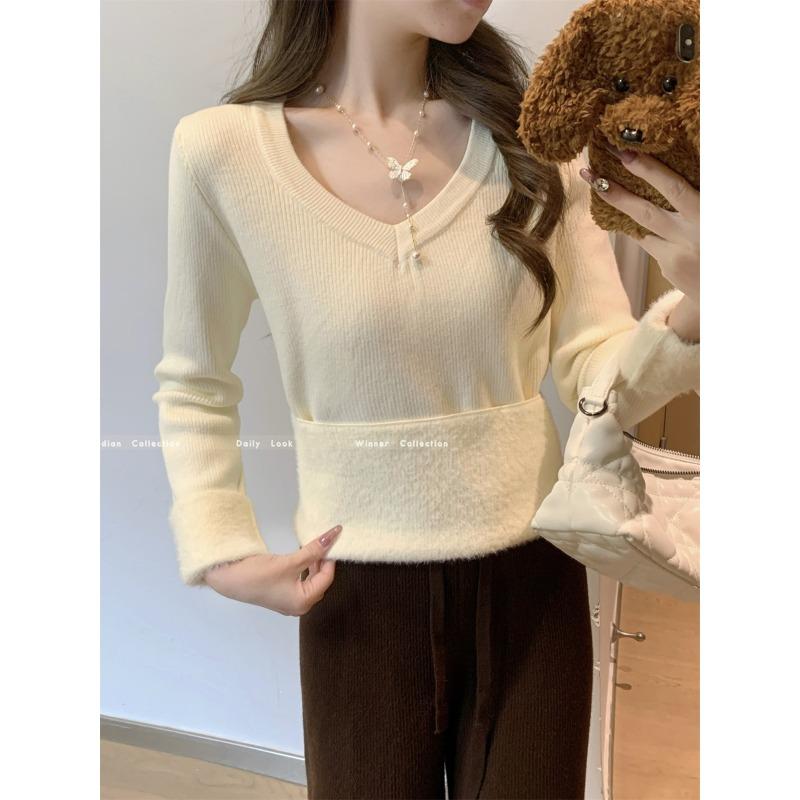 Neck thickened sweater women's autumn and winter basic warm integrated fleece slim bottoming shirt with knitted top inside