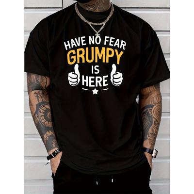 European Sizes Men's Casual Short Sleeve T-Shirt with "Have No Fear Grumpy Is Here" Graphic Print,Regular Fit Round Neck Summer Tee