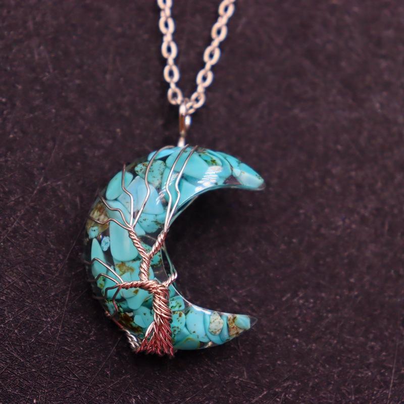 Moon Shape Tree Of Life Amethyst Pendant Necklace Women Handmade Wire Wrapped Healing Jewelry