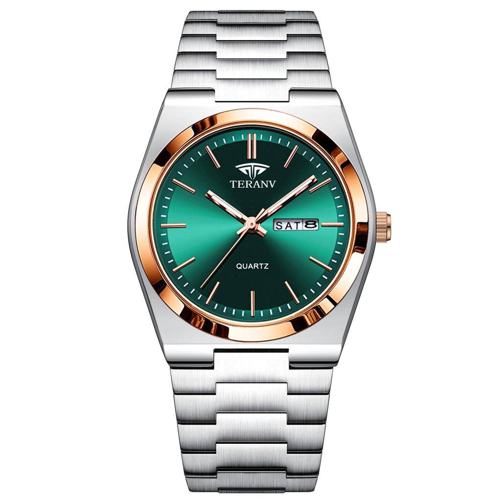 Men's Ultra-Thin Luminous Quartz Watch with Steel Band and Double Calendar, Waterproof.