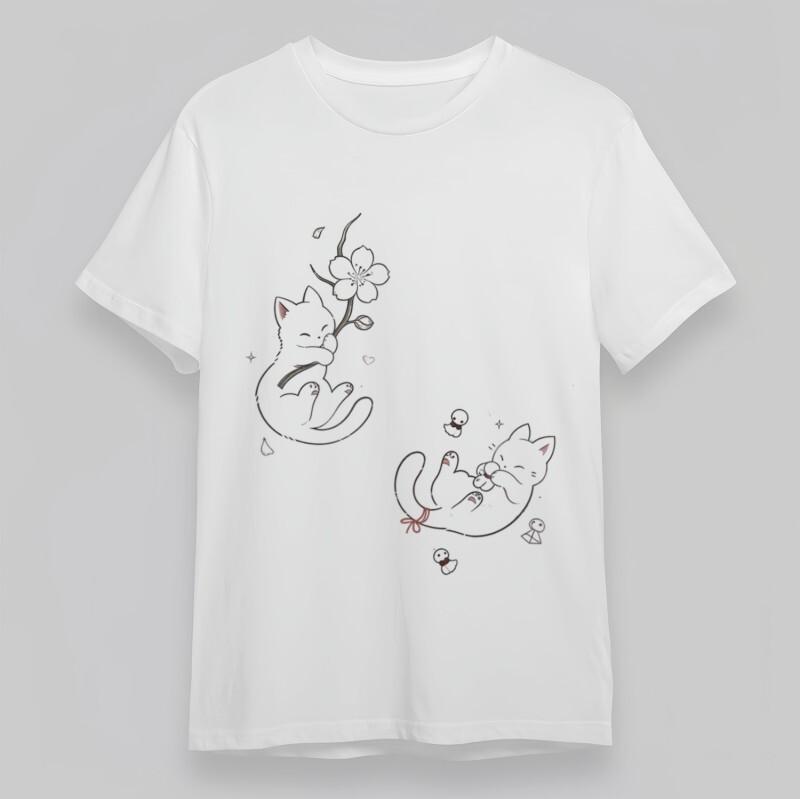 

Women s Trend Oversize T-Shirt Playful Cat with Floral Branch Graphic Cotton Tee L