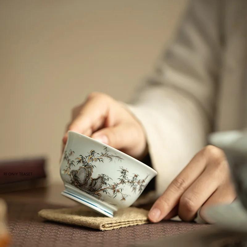 1 Pc Chinese Blue and White Ceramic Tea Cup Handmade Landscape Bamboo Leaf Teacup Porcelain Tea Bowl Teaware Master Cup 130ml