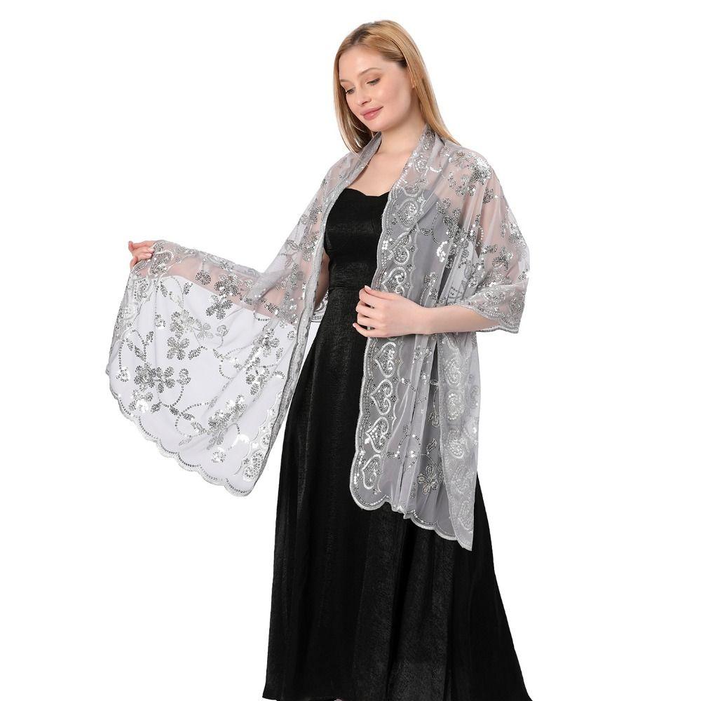 Hollow Out Tassel Wrap Tulle Evening Dress Scarf Embroidery Sequins Shawls  Belly Dancing Belt