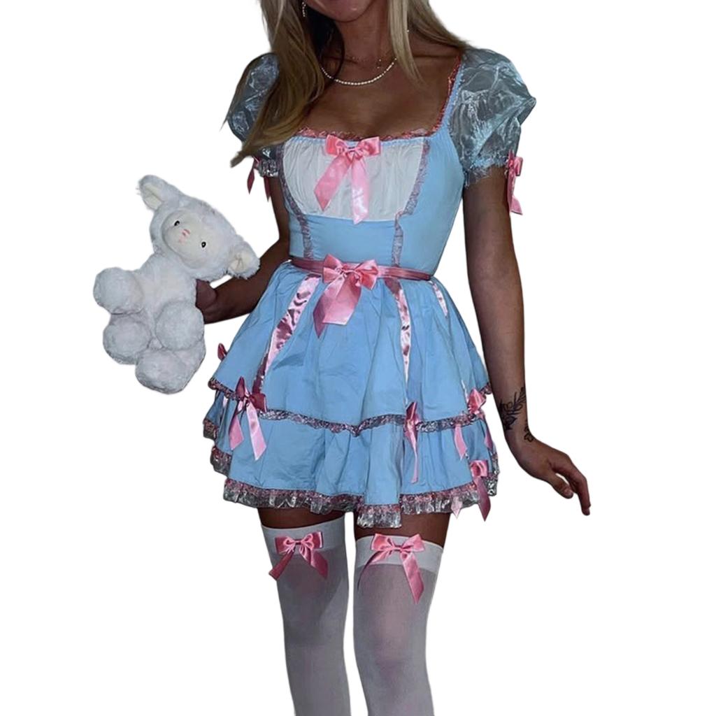 Womens Halloween Costume Dress Decorative Bow A Line Short Sleeve Cosplay Dress and Bow Tie Neck Collar 2 Pcs Set