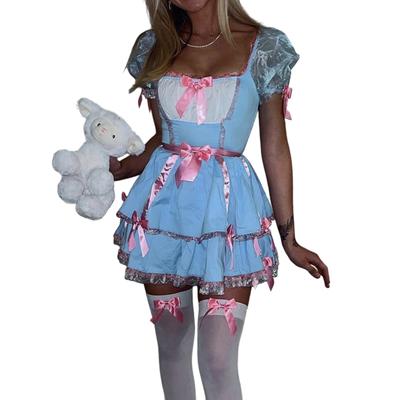 Ensemble 2 Pièces Robe Déguisement Halloween Femme Décorative Noeud Robe Cosplay Coupe A Ligne Manches Courtes et Cravate à Nœud Col