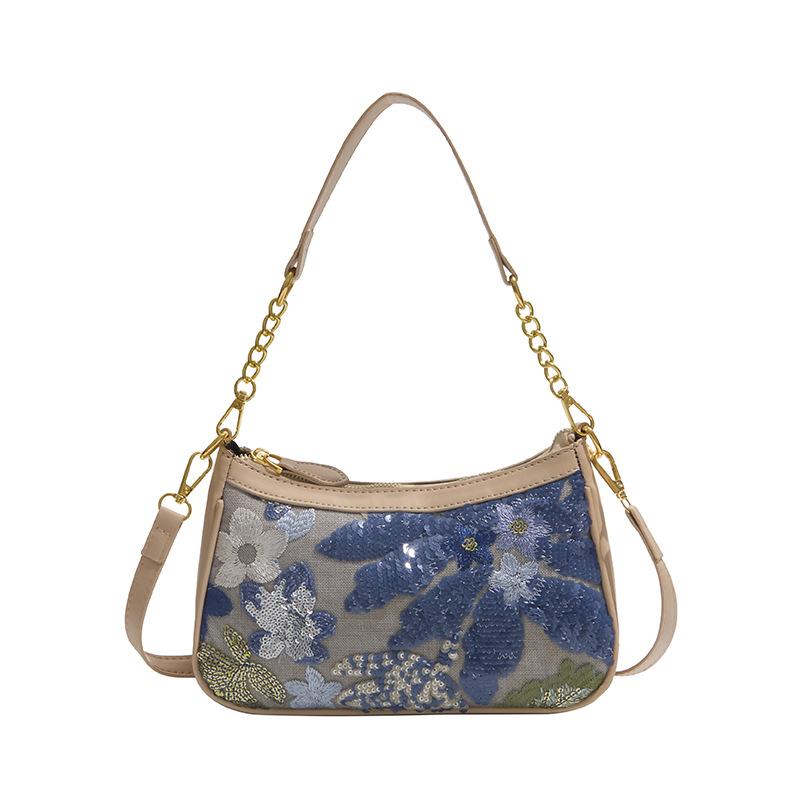 Floral Embroidered Shoulder Bag with Chain Strap Stylish Women s Handbag for Casual Wear and Summer Outings синий