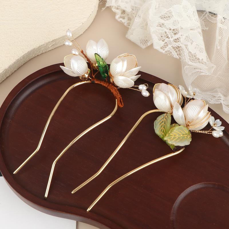 1Pcs U Shape Jade Orchid Hairpin For Women Vintage Chinese Style Wrapping Flower Hairpin Handmade Metal Jewelry Hair Accessory