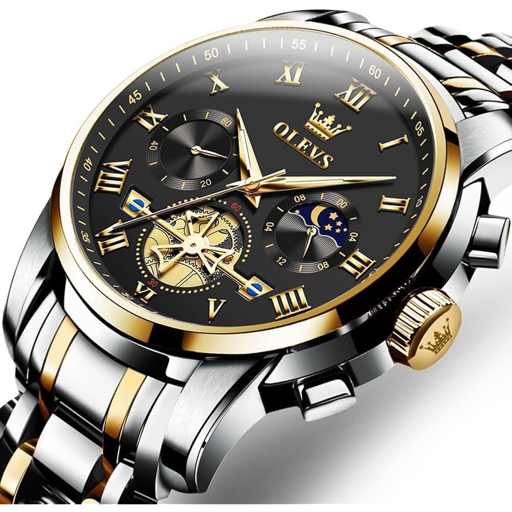 OLEVS Men's Stylish Chronograph Watch Business Analog Waterproof Quartz Gold/Black