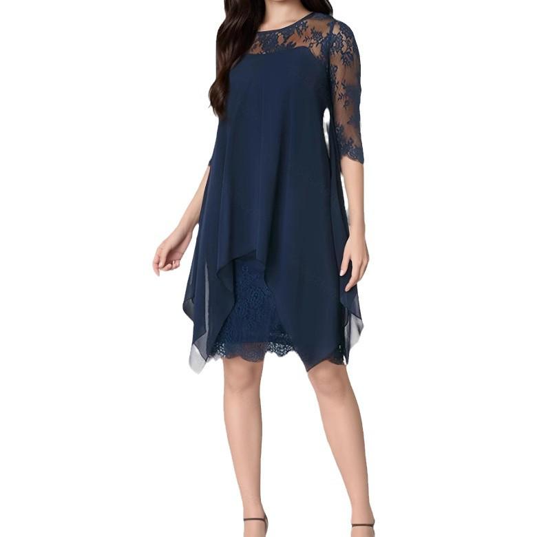 Spring/Summer 2026 Elegant Lace Patchwork Chiffon Dress with Three-Quarter Sleeves