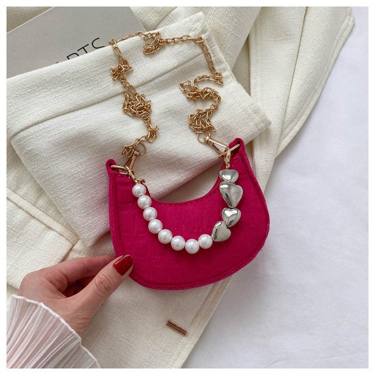 Trendy Solid Color Women's Mini Bags  Summer Temperament Fashion Chains Crossbody Pack Chic Pearl Handbag