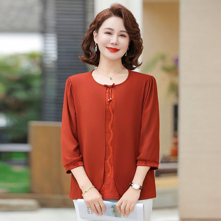 Elegant Chiffon Lace Shirt for Mid-aged & Senior Women, Lightweight, 3/4 Sleeves, Loose Fit, Fashionable