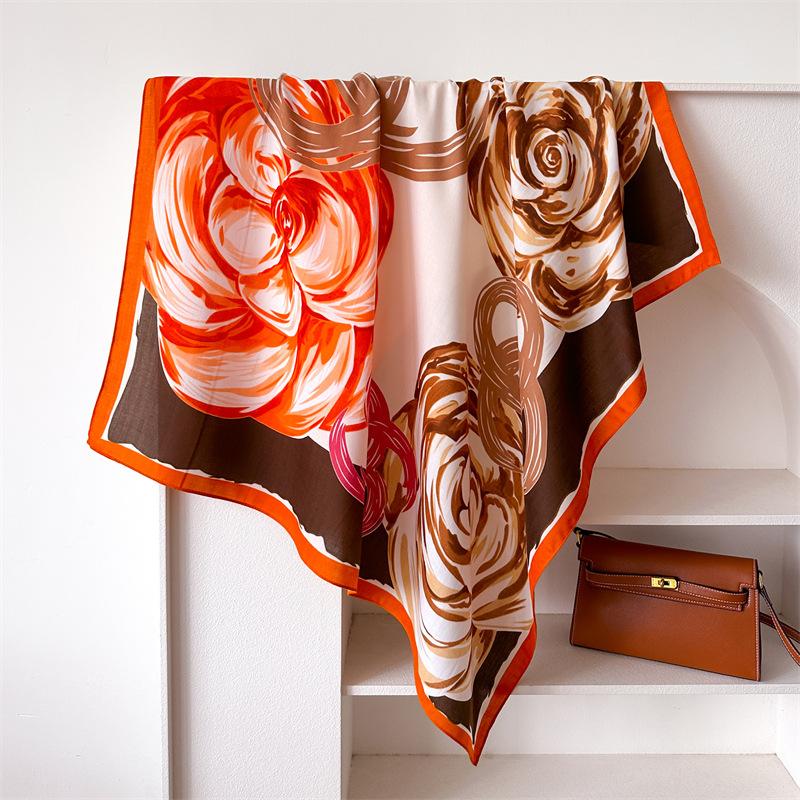 

Flower 90 Imitation Silk Large Square Scarf Retro Large Printing Shawl Temperament Versatile Herringbone Scarf Headscarf Women 90x90cm