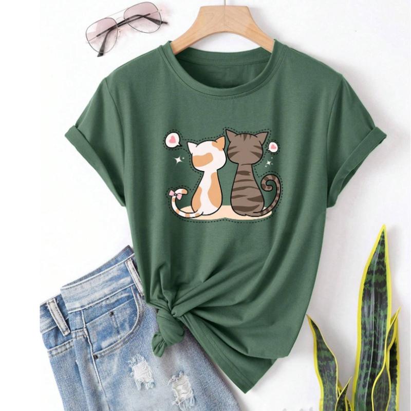 Fashion Women Cute Couple Cat Print T Shirt Funny Casual O-neck Short Sleeves T-shirt Summer Female Tee Shirt