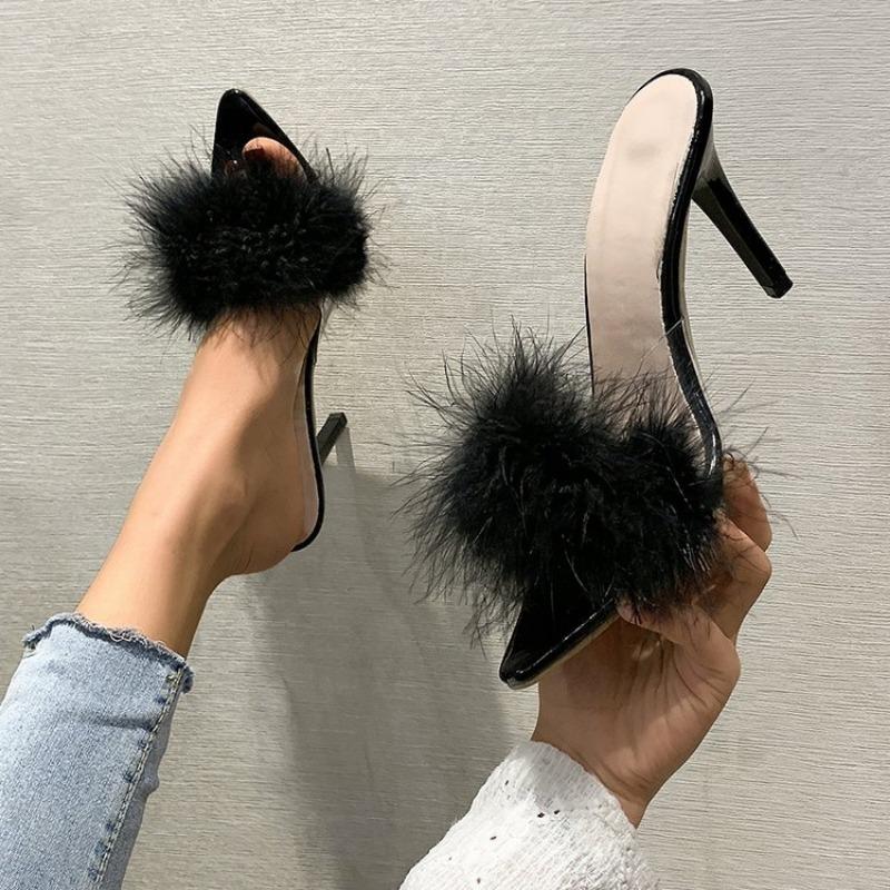 Summer New High Heels Sexy Slippers with Fine Heel Design and Hairy Decoration Cool Slippers with Daily Pointed Points Luxury