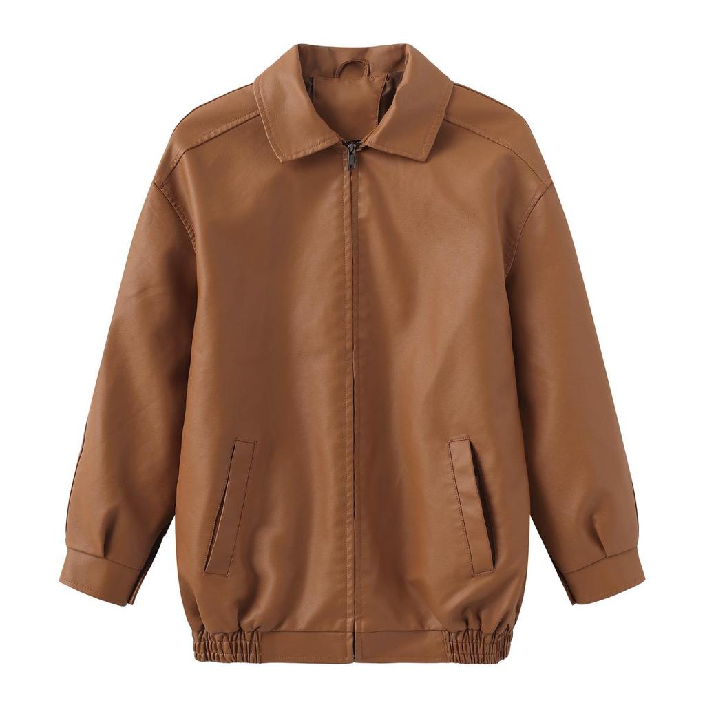 Fall Winter Women Lapel Collar Long Sleeve Slim Fit Zipper Pu Leather Jacket