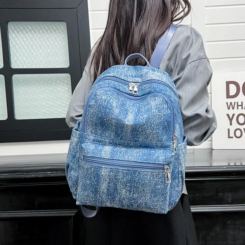 Schoolbag Middle school student schoolbag women's large-capacity new fashion retro denim highlight backpack Japanese leisure travel backpack