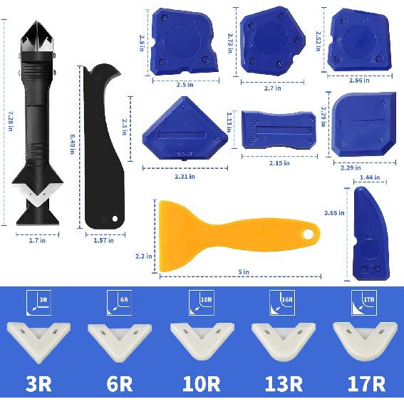 Caulking Tool Kit,Caulk Remover Tool,3 In 1Silicone Caulking Tool Kit, Grout Scraper, Reuse and Replace 5 Silicone Pads, Bathroom, Kitchen, Floor,