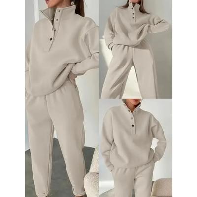 Moda Feminina de Primavera e Outono Moletom com Capuz e Colarinho com Botões Calças Largas, Conjunto de Moletom