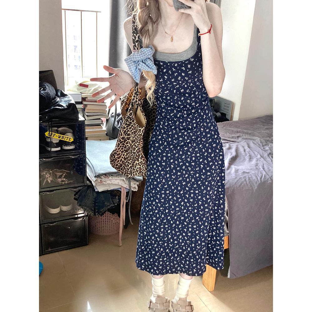 Fake two-piece floral suspender dress for children's summer leisure, new seaside vacation beach dress