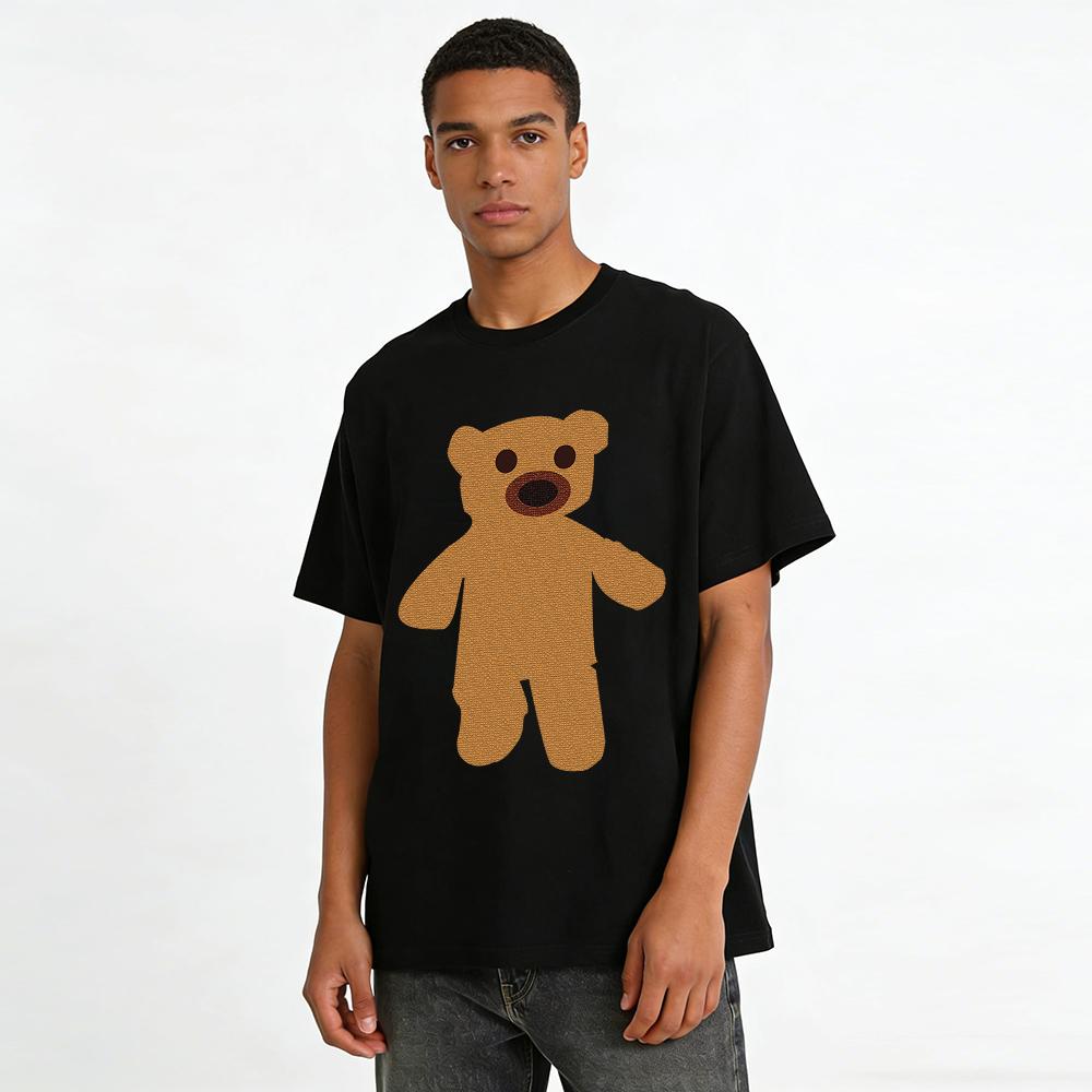 Cute Plush Bear Print Casual T-shirt Unisex Loose Comfortable Daily Versatile Crewneck Top Pure cotton T-shirt