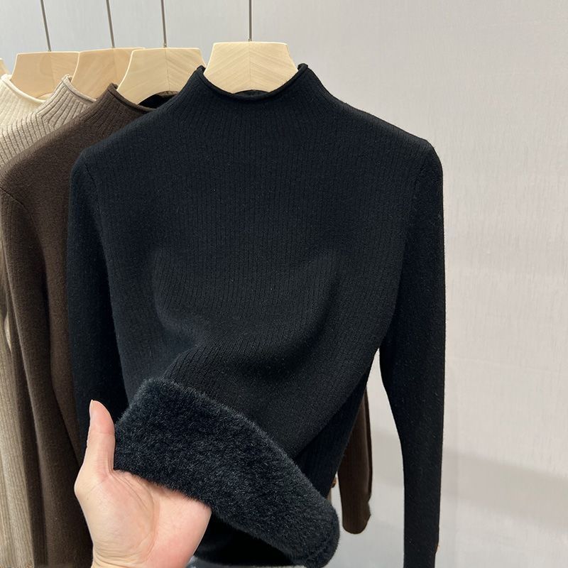 Cashmere Blouse Semi-turtleneck Fleece Thickened Sweater Warm Integrated Fleece with Wool Bottoming Shirt Sweaters