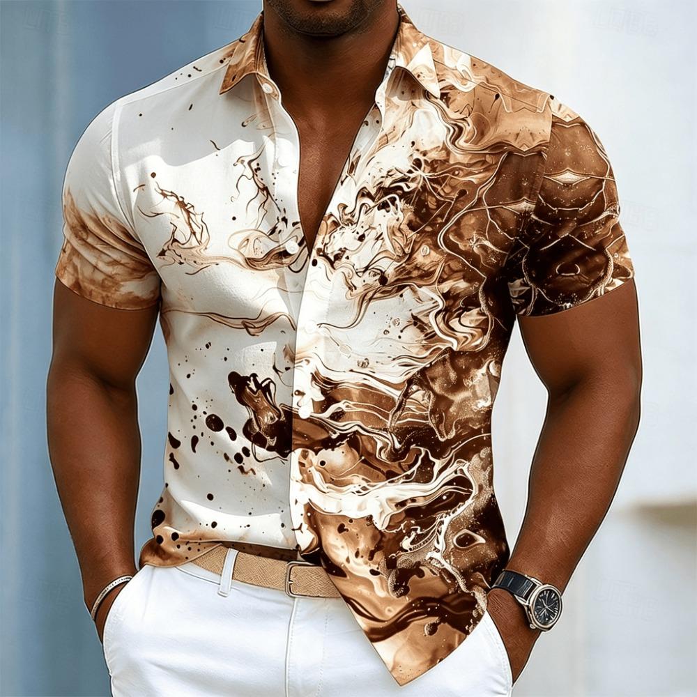 Men's ink swirl art print short-sleeve shirt, spring and summer casual abstract flowing pattern with buttons