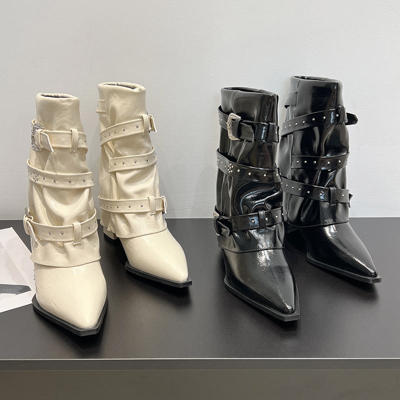 European and American fashion pointed thick-heeled trouser boots women's 2025 new big-looking white boots pleated high-heeled short boots