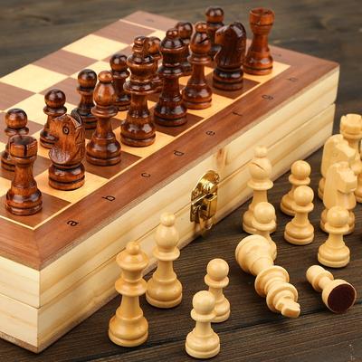 Wooden Chess Set Folding Magnetic Large Board with 34 Chess Pieces Interior for Storage Portable Travel Board Game Set for Kid