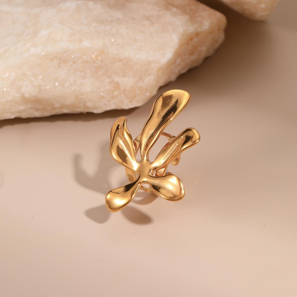GEMCHIC Women's Gold Flower Necklace Set with Dangle Earrings and Ring, Luxury Titanium Steel Jewelry