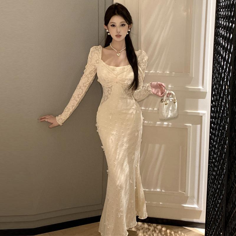 

Женское знаменитое платье с квадратным вырезом и длинными рукавами, трикотажное платье с принтом «рыбий хвост» L абрикосовый