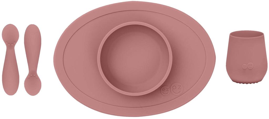 Ezpz Fast Food Set Baby Tableware Baby Food Tableware Silicone Suction Rose Pink [Non-spill Set] Set, Mat, Plate, Spoon, Cup, Cup,
